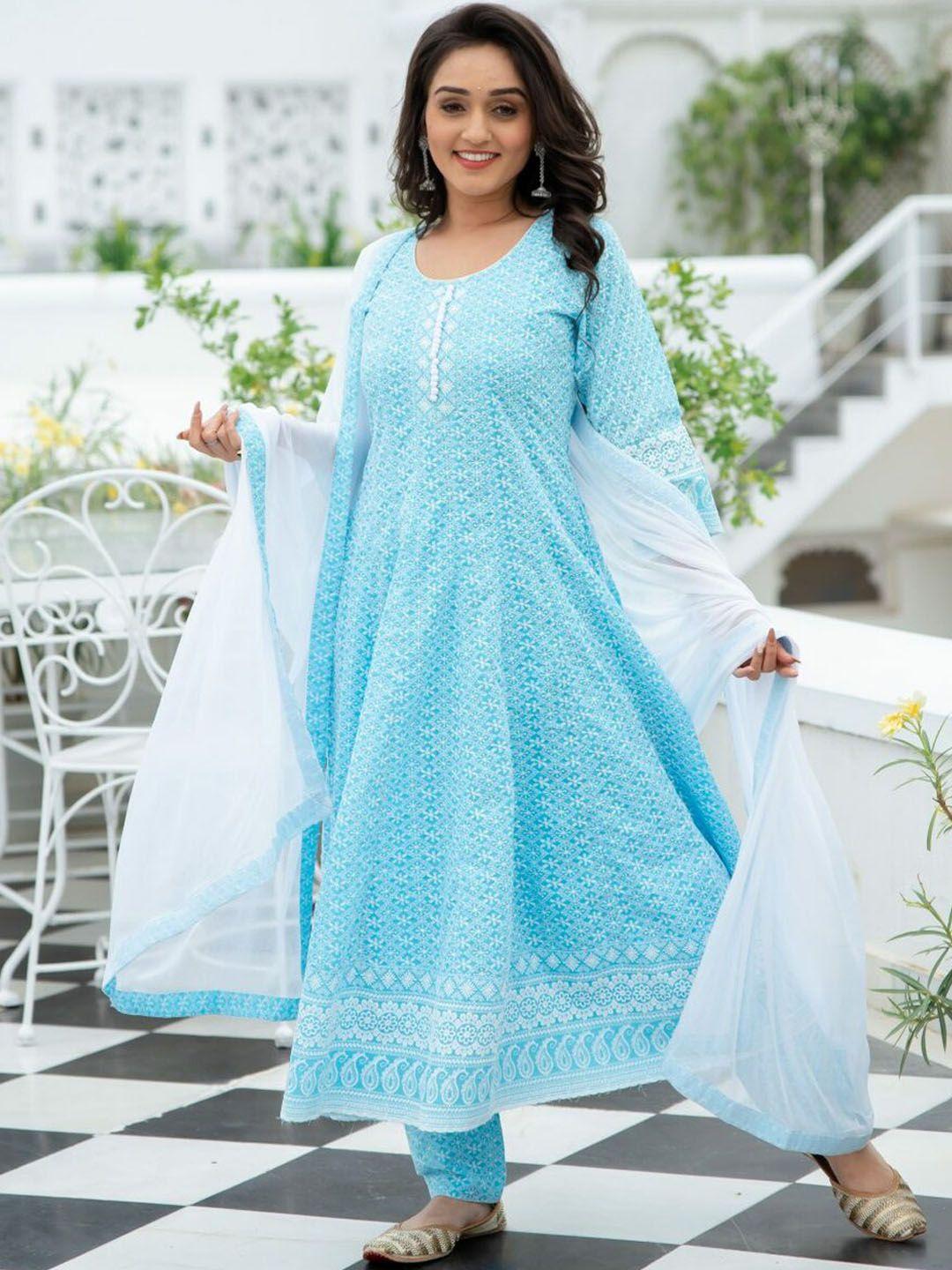 lavanya the label women blue printed chikankari pure cotton kurta with trousers & with dupatta