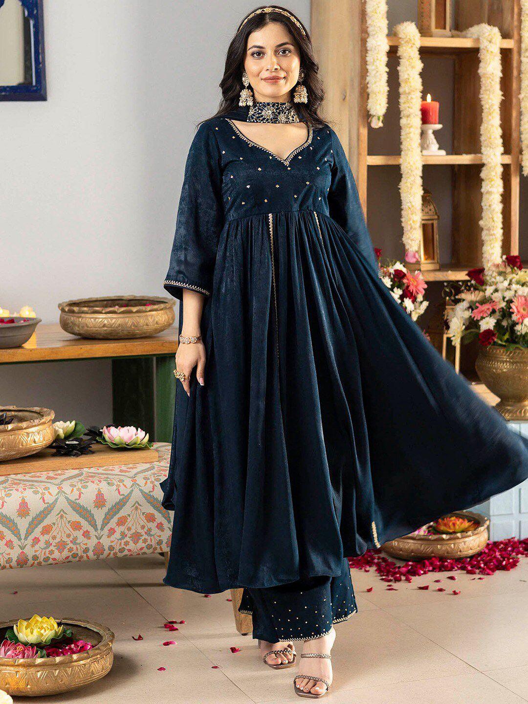 lavanya the label women embellished beads& stones velvet kurta with palazzos & dupatta