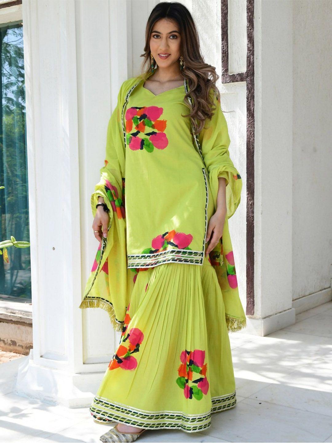 lavanya the label women green floral printed pure cotton kurta with sharara & with dupatta