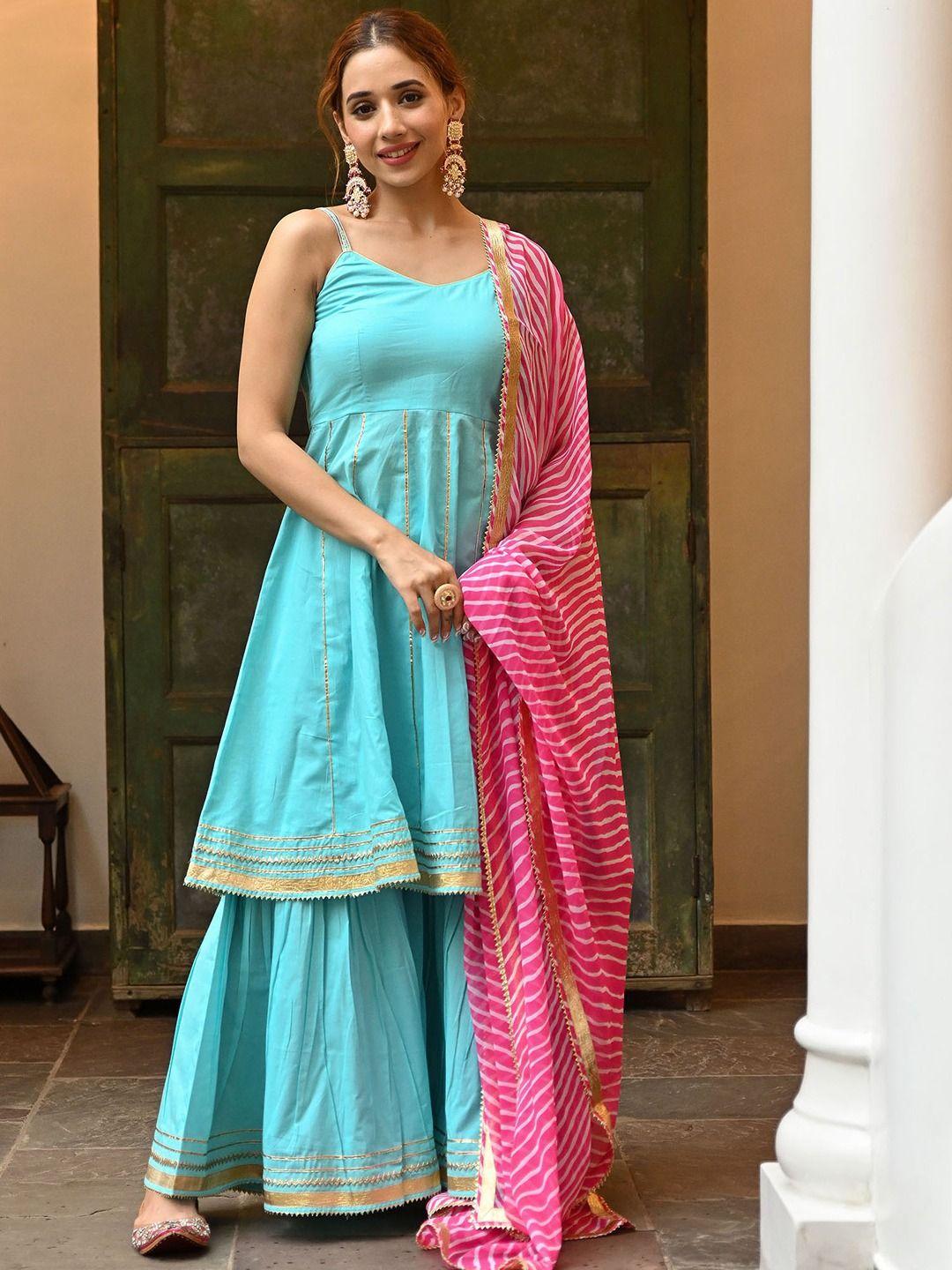 lavanya the label women leheriya gotta patti pure cotton kurta with sharara & with dupatta