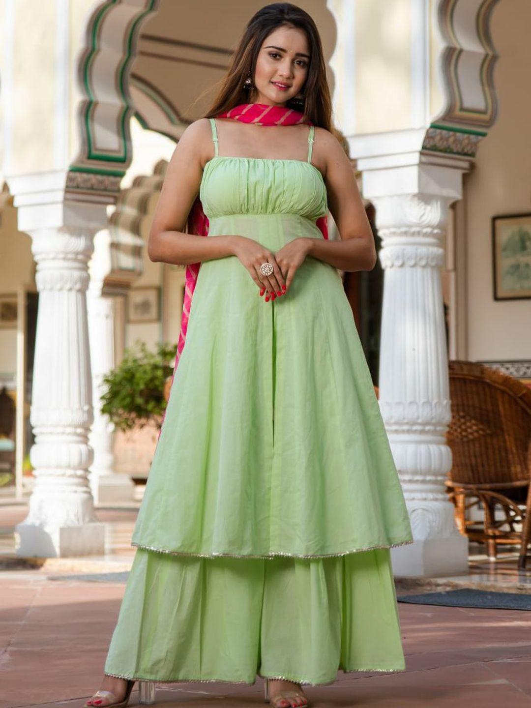 lavanya the label women lime green embroidered empire pure cotton kurta with sharara & with dupatta