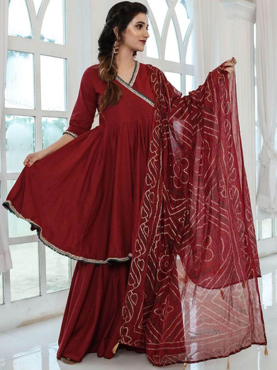 lavanya the label women maroon solid pure cotton angrakha kurta with sharara & dupatta