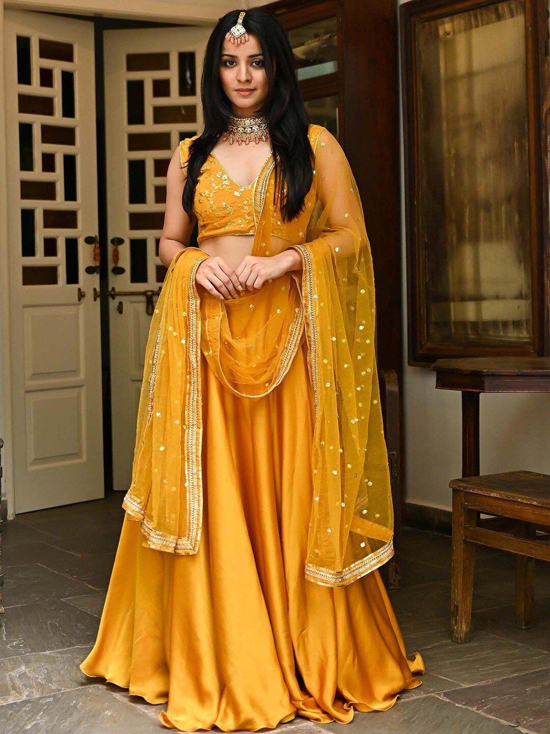 lavanya the label women mustard & gold-toned embroidered ready to wear lehenga set