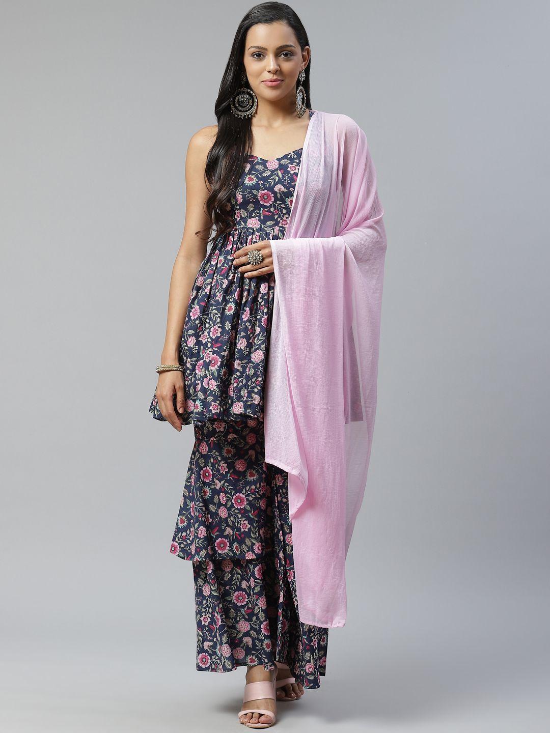 lavanya the label women navy blue & pink floral printed kurta with sharara & dupatta