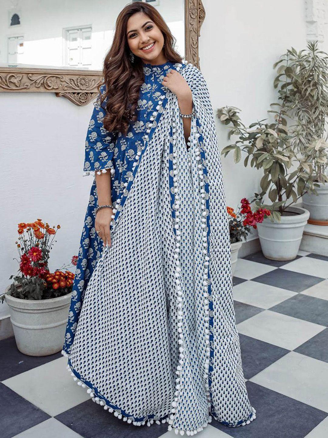 lavanya the label women navy blue & white printed kurta with palazzos & dupatta