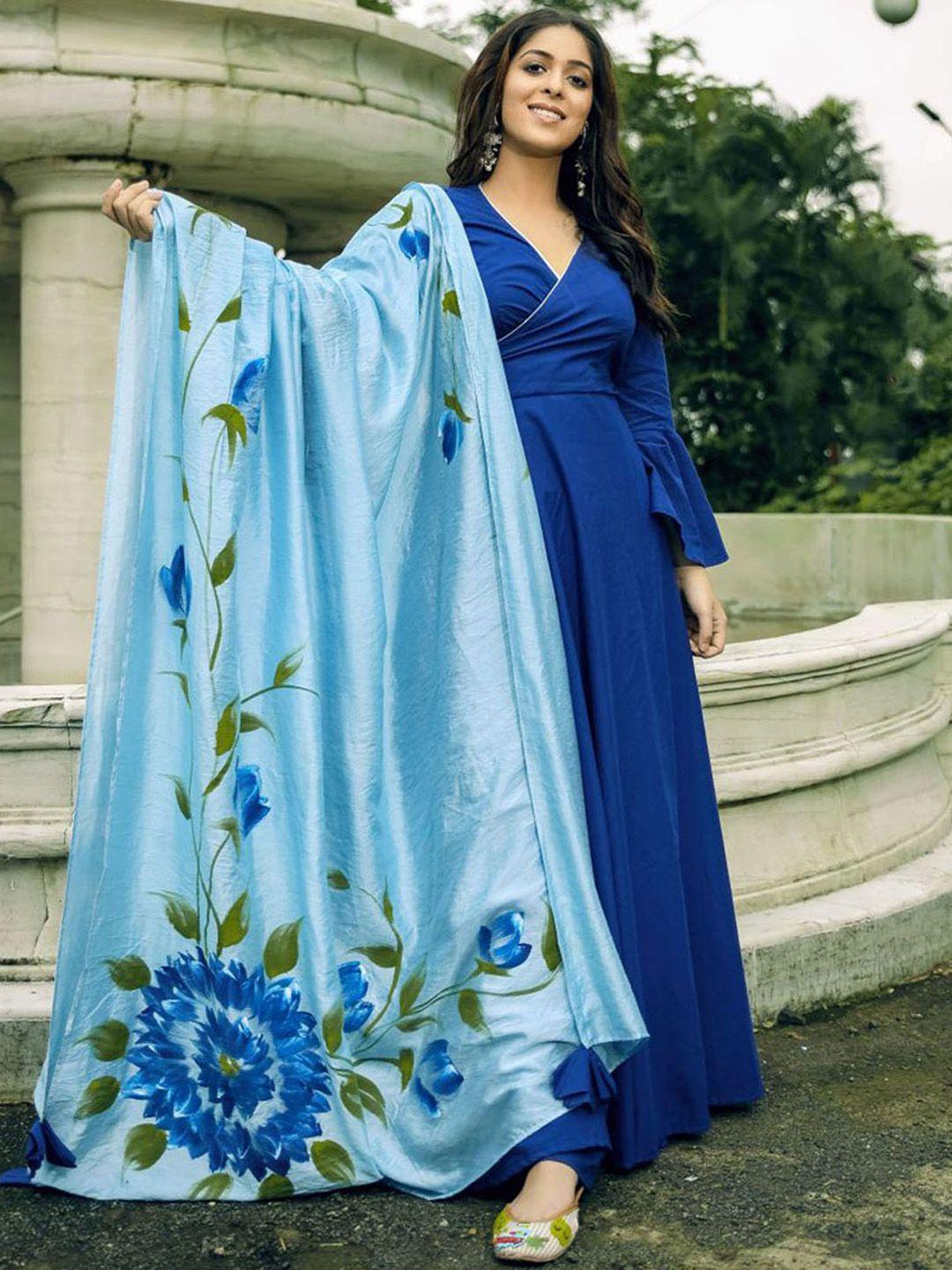 lavanya the label women navy blue solid angrakha kurta with trousers & dupatta