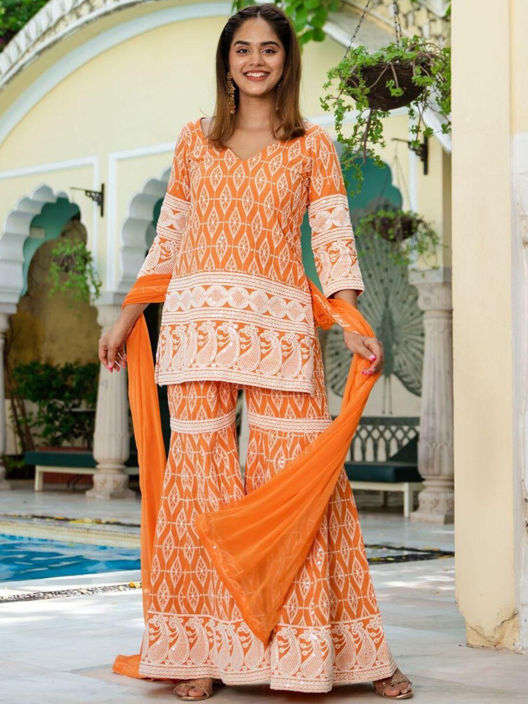 lavanya the label women orange printed pure cotton kurti with sharara & with dupatta