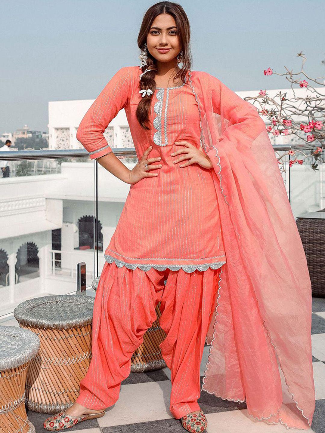 lavanya the label women peach-coloured & silver striped kurta with salwar & dupatta