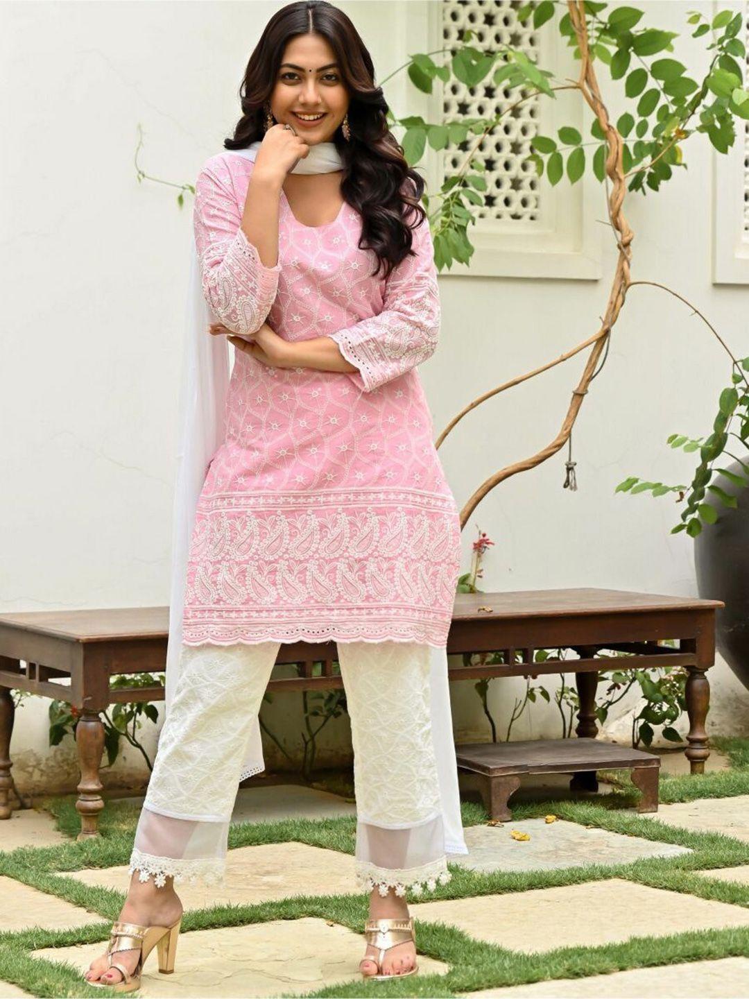 lavanya the label women pink embroidered pure cotton kurta with trouser & with dupatta