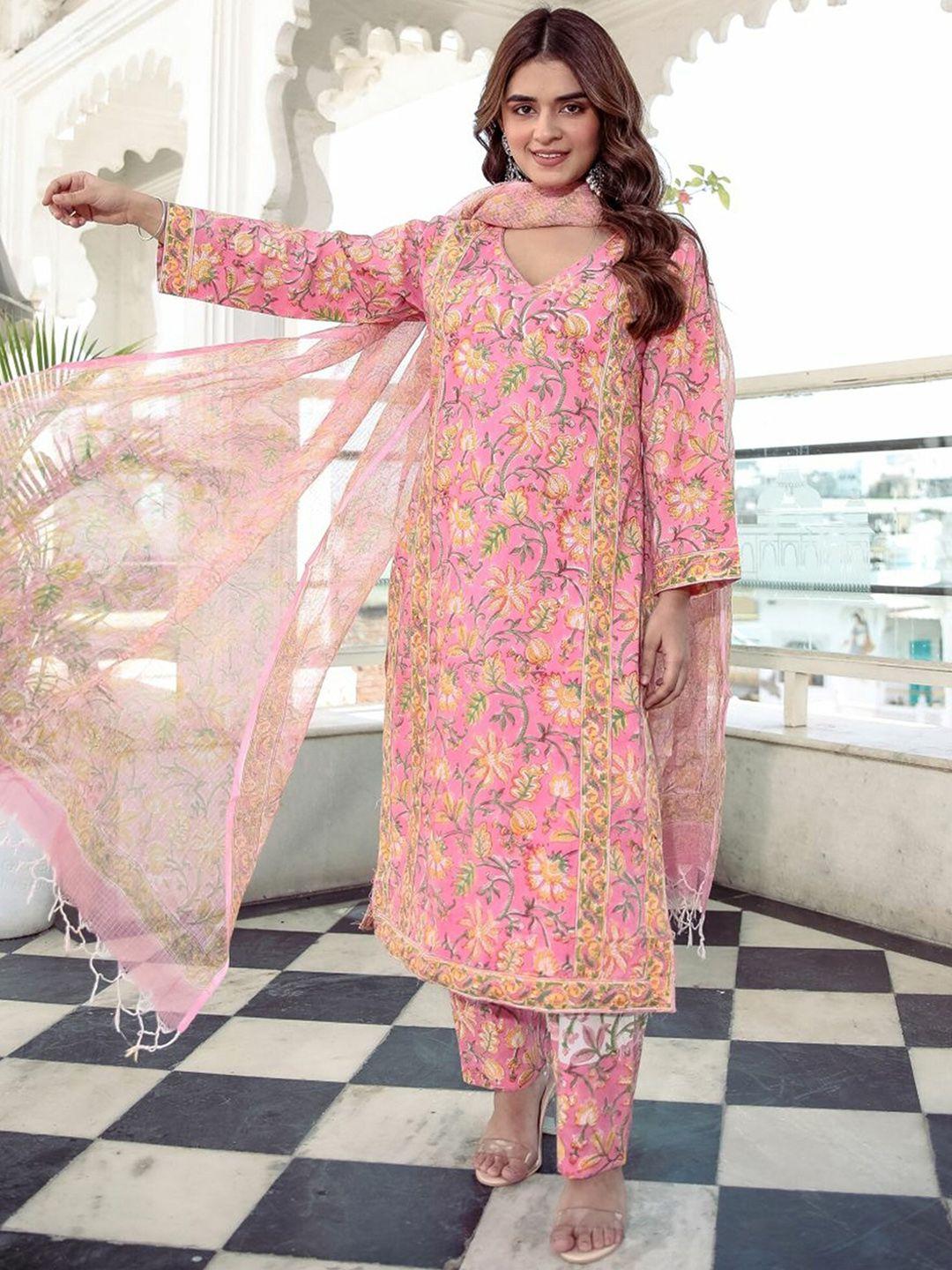 lavanya the label women pink floral printed  pure cotton kurta ,trousers  with dupatta