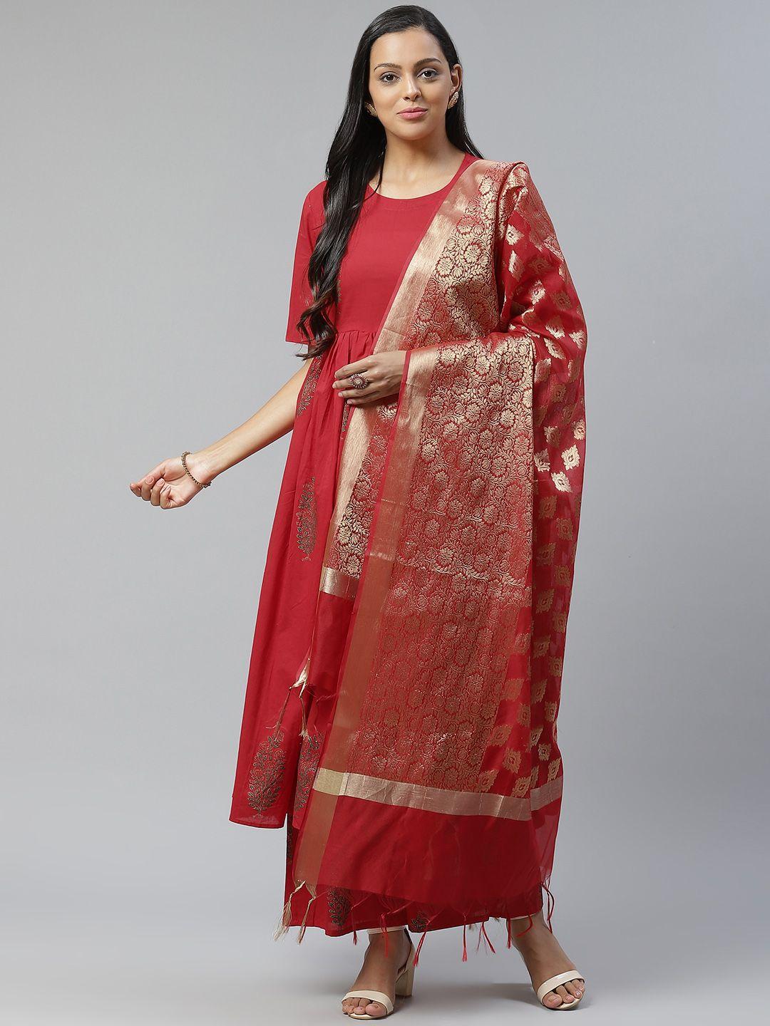 lavanya the label women red & green ethnic motifs printed kurta with palazzos & dupatta