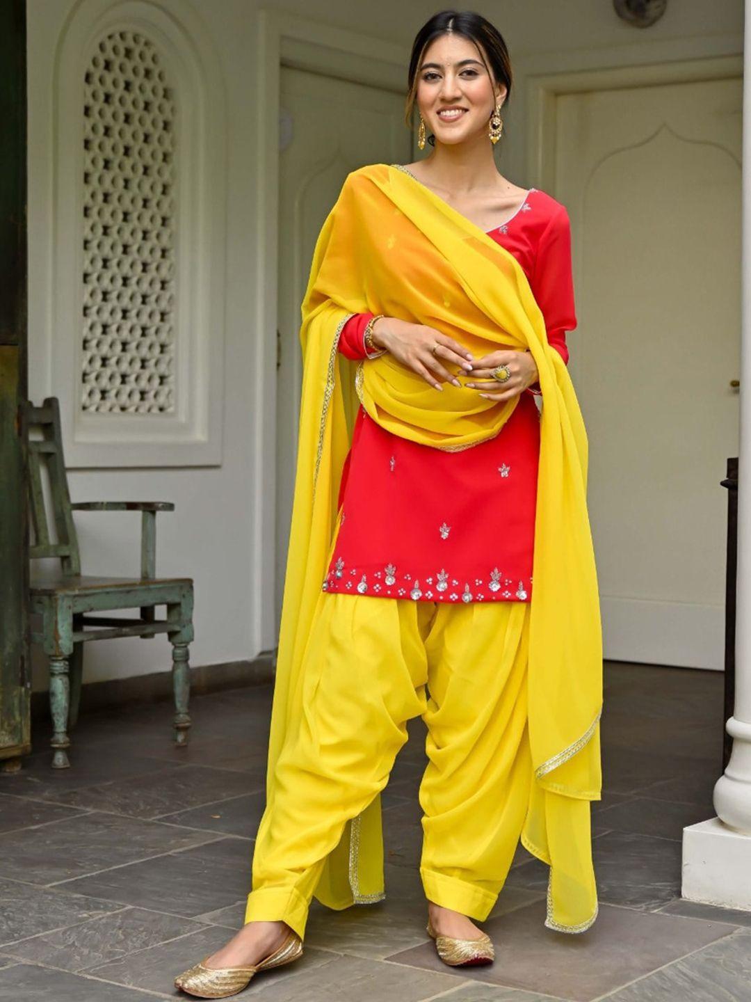 lavanya the label women red & yellow embroidered kurti with patiala & with dupatta