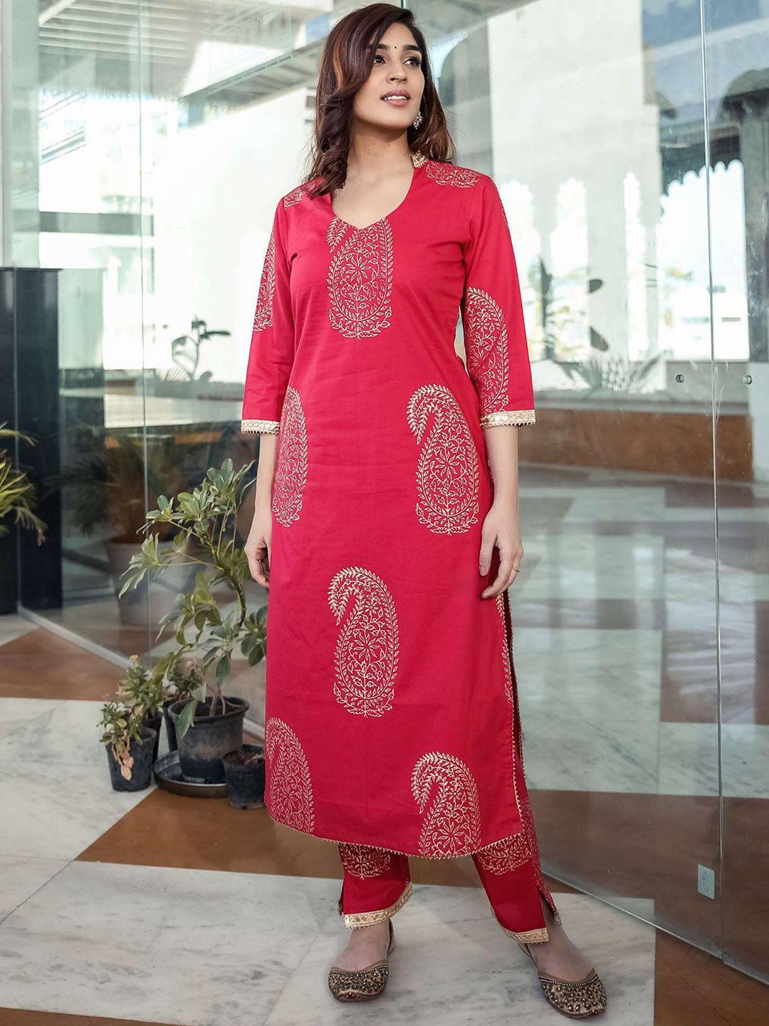 lavanya the label women red ethnic motifs striped  pure cotton kurta with trousers