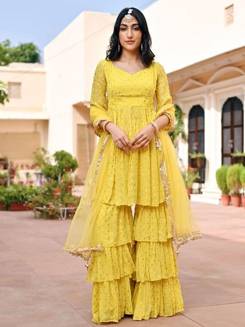 lavanya the label yellow embroidered kurti sharara set with dupatta