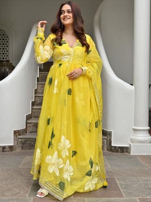 lavanya the label yellow printed kurta pant set with dupatta