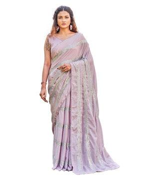 lavendar satin saree with faux mirror embroidery saree