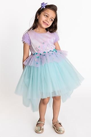 lavender & blue shimmer embroidered dress for girls