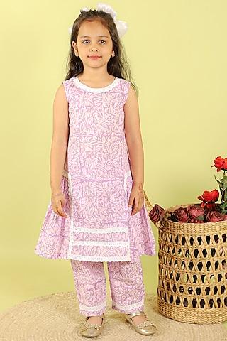 lavender cotton hand block printed kurta set for girls