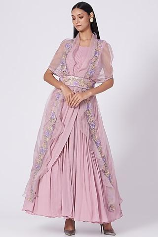 lavender draped gown with cape