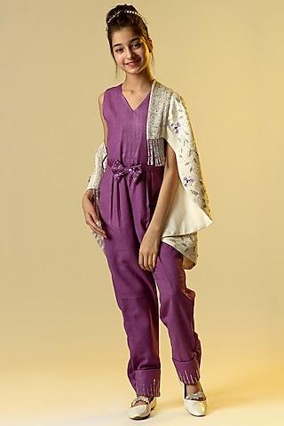 lavender embroidered jumpsuit with cape shawl for girls