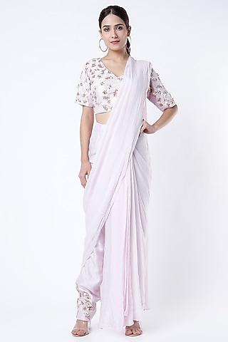 lavender hand embroidered pant saree set