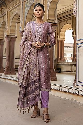 lavender linen chanderi silk printed & sequins embellished kurta set