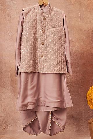 lavender maheshwari silk embroidered bundi jacket with kurta set for boys