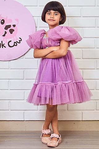 lavender net & scuba frilled dress for girls