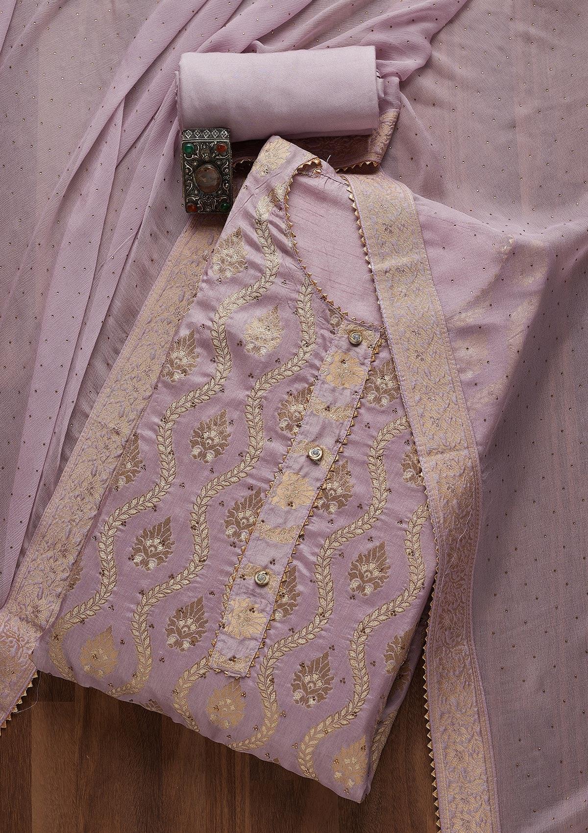 lavender zariwork silk unstitched salwar suit