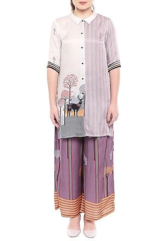 lavender & ivory printed long top with palazzo pants