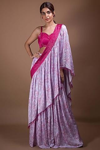 lavender & maroon viscose printed & embroidered draped saree set