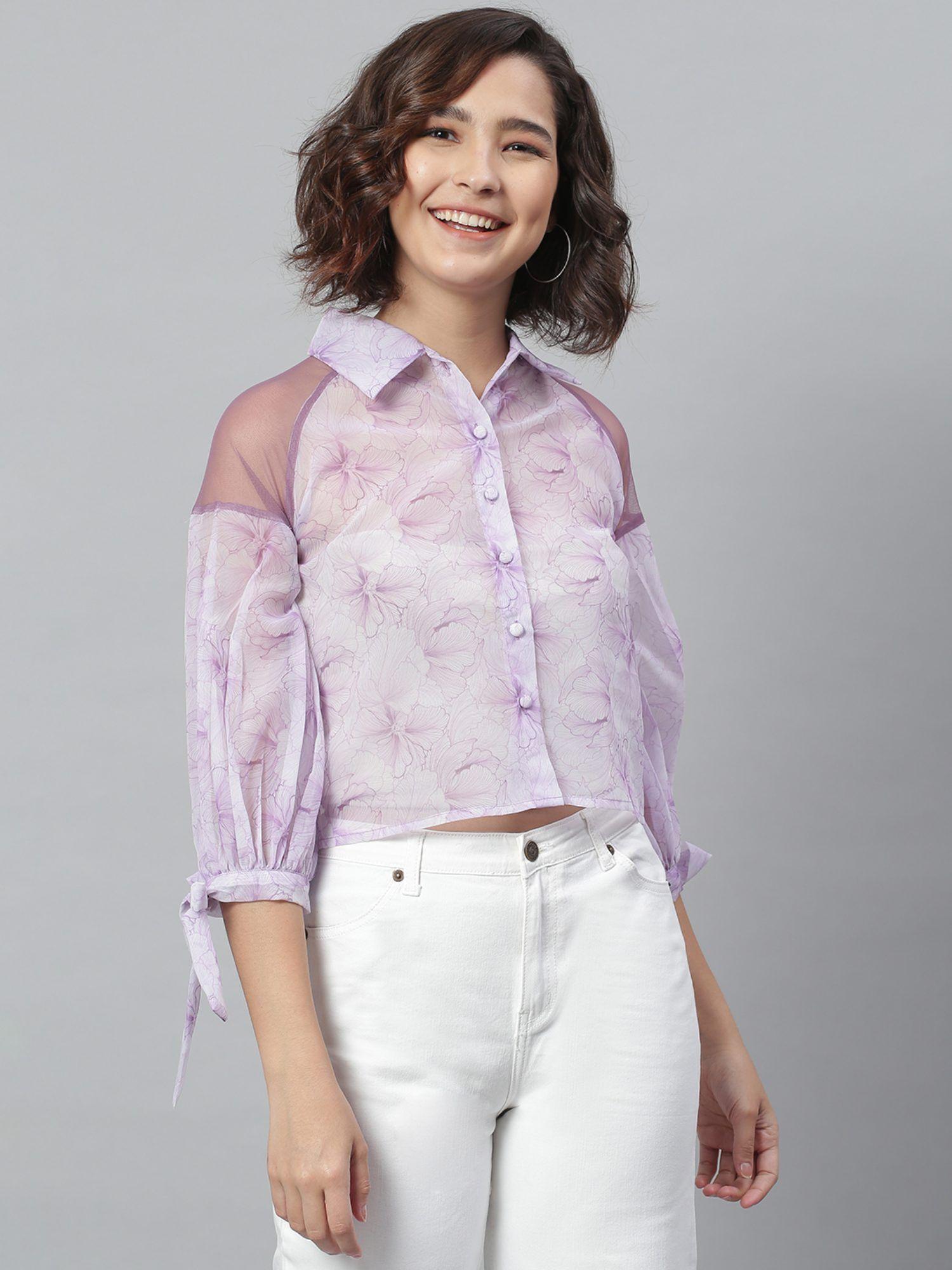 lavender and off-white regular fit printed casual shirt