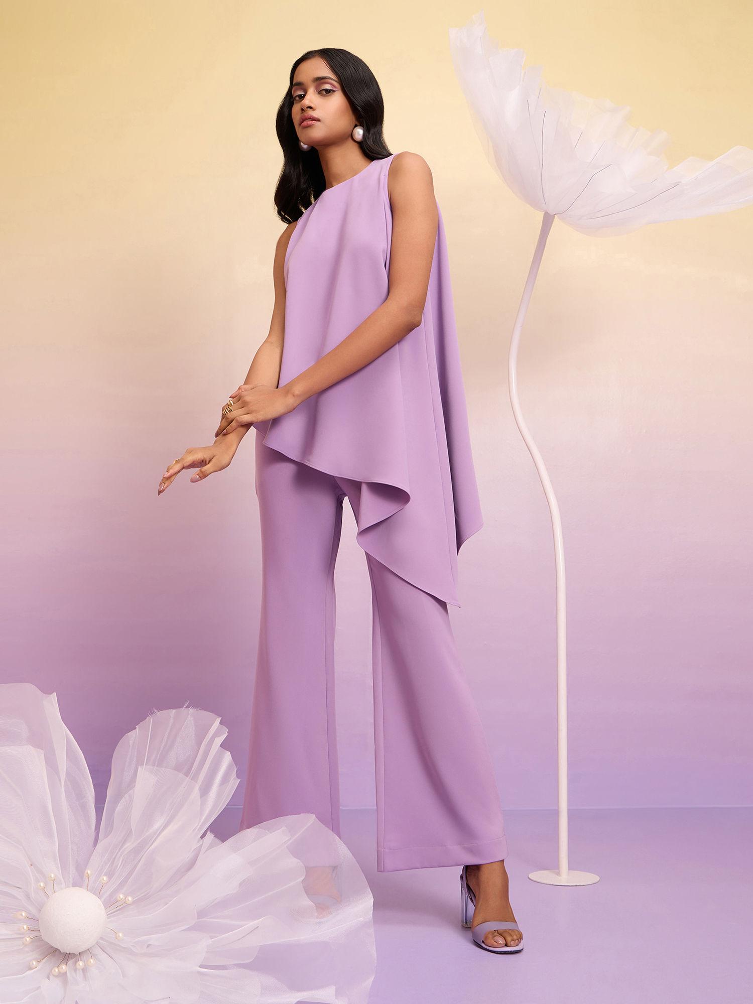 lavender asymmetric hem top fit and flare pants co-ord (set of 2)