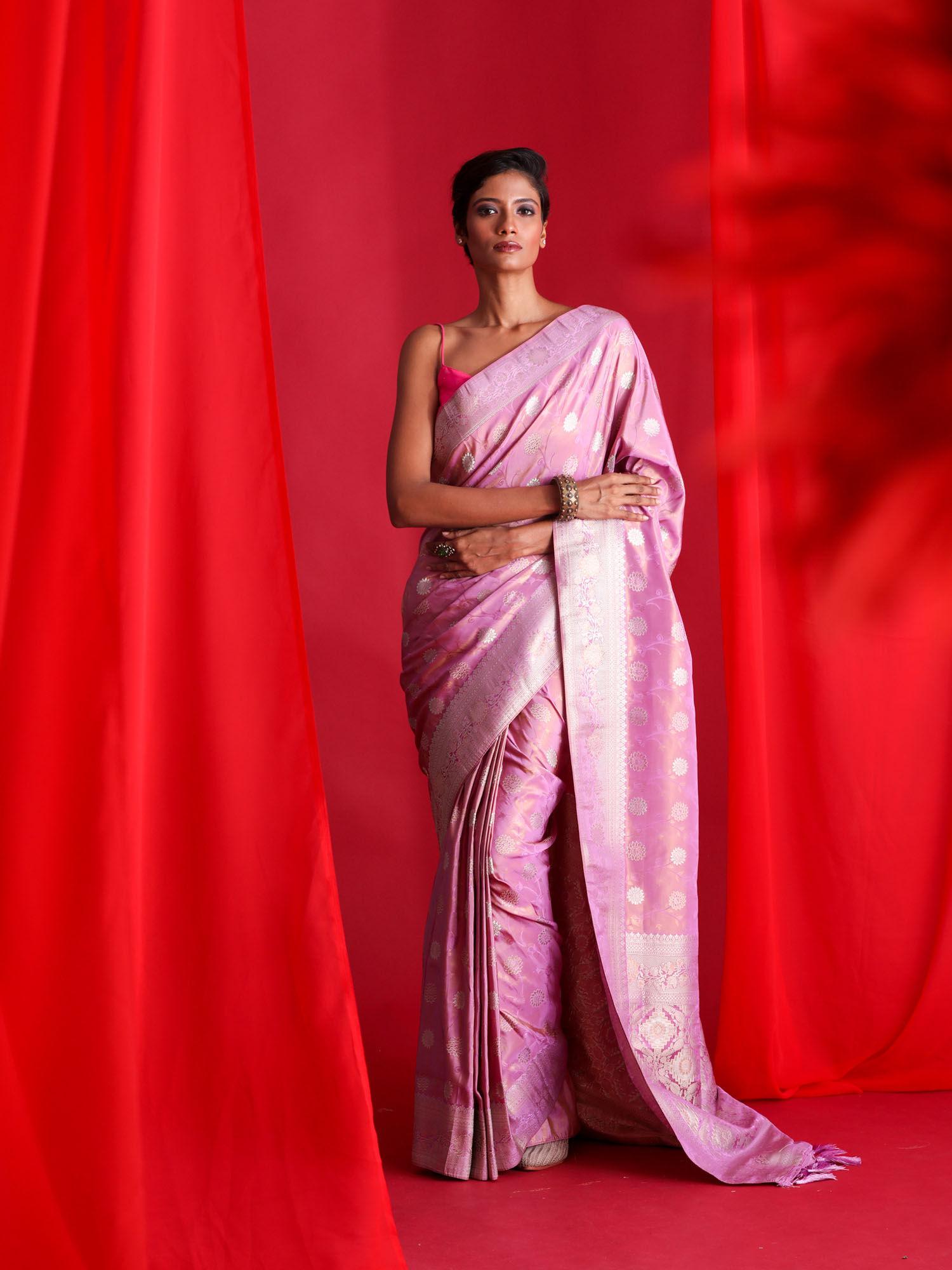 lavender banarasi saree with unstitched blouse