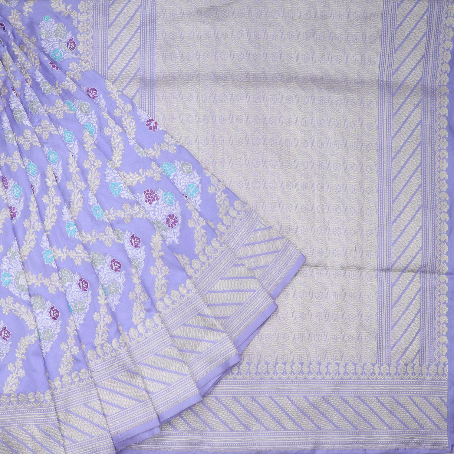 lavender banarasi silk saree with geometric floral pattern