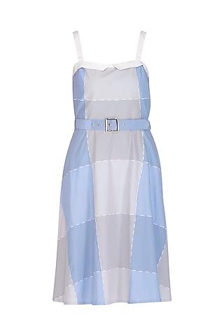 lavender blue & grey embroidered dress with belt