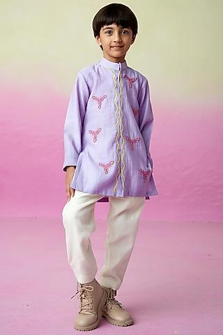 lavender chanderi motif embroidered kurta set for boys