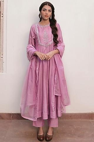 lavender chanderi silk cutdana embroidered kalidar kurta set