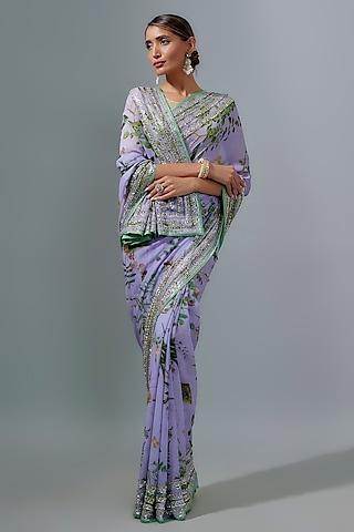 lavender chiffon printed & sequins embroidered saree set