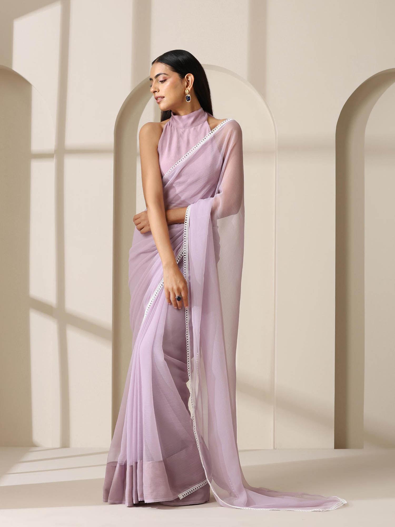 lavender chiffon saree with lace work and unstitched blouse