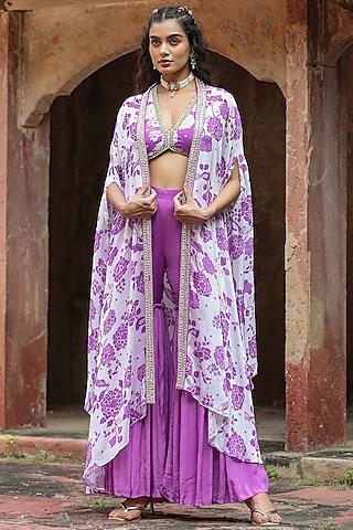 lavender chinon silk floral printed cape set