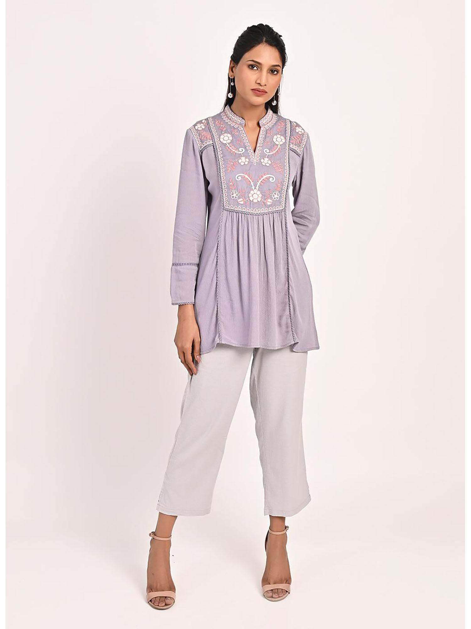 lavender collared tunic with embroidery at yoke