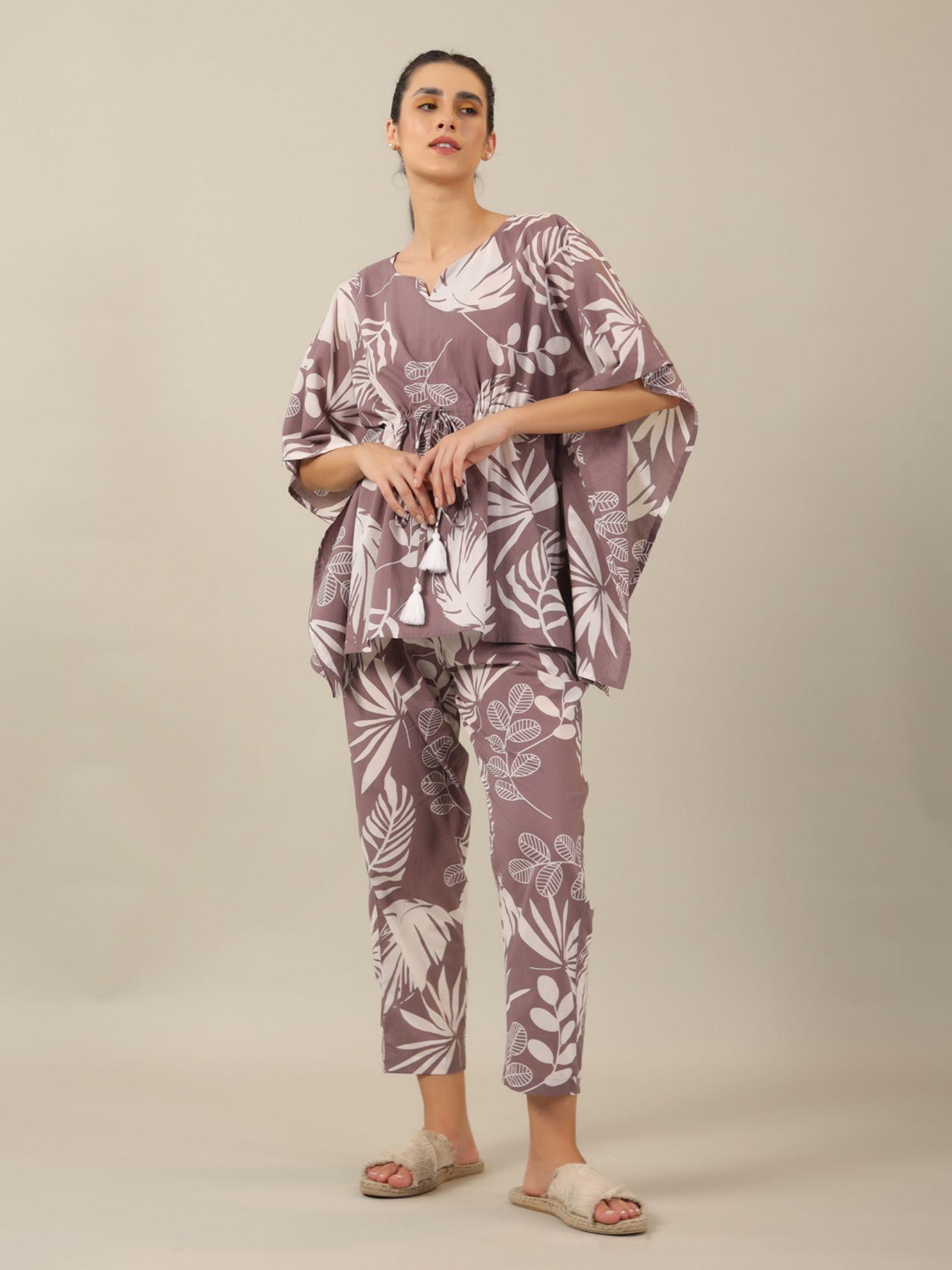 lavender color printed women pure cotton kaftan & pyjama night suit (set of 2)