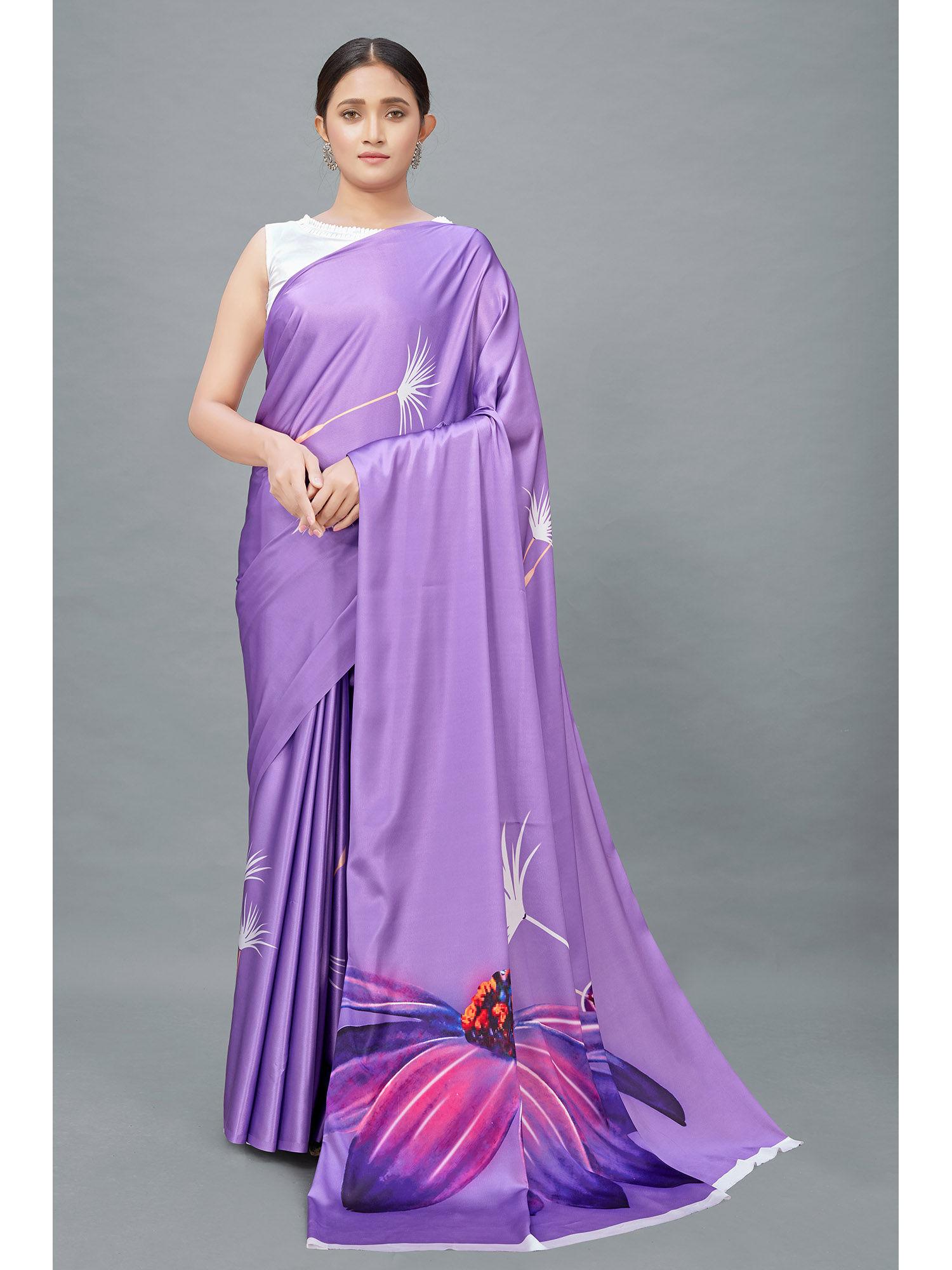 lavender color satin digital print saree with unstitched blouse