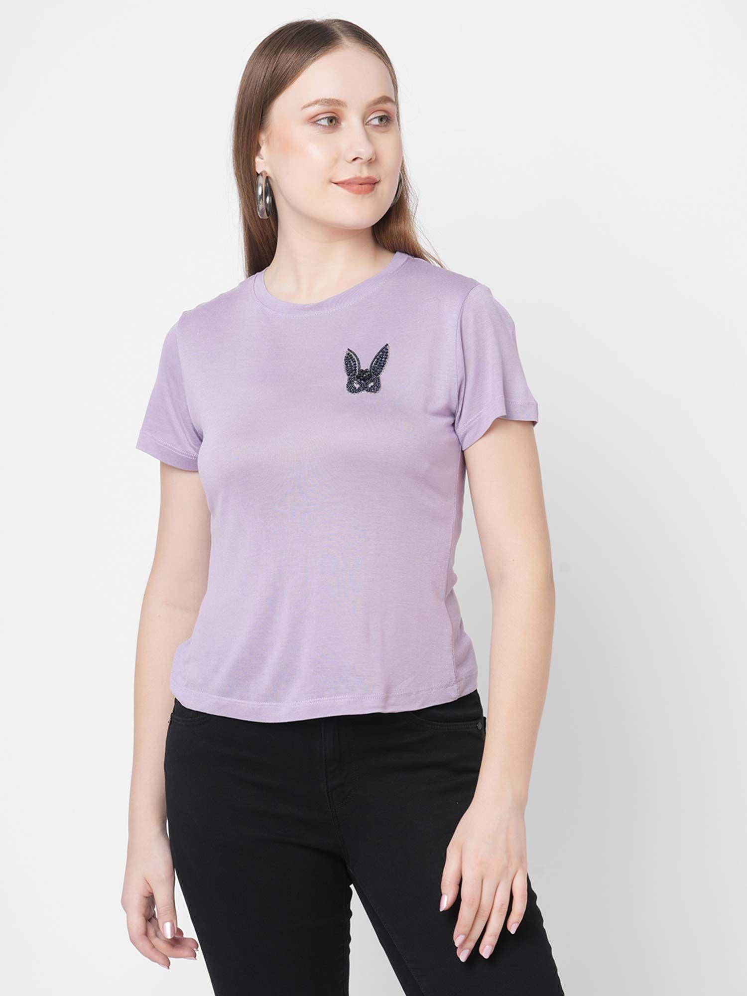 lavender colored embellished placement t-shirt