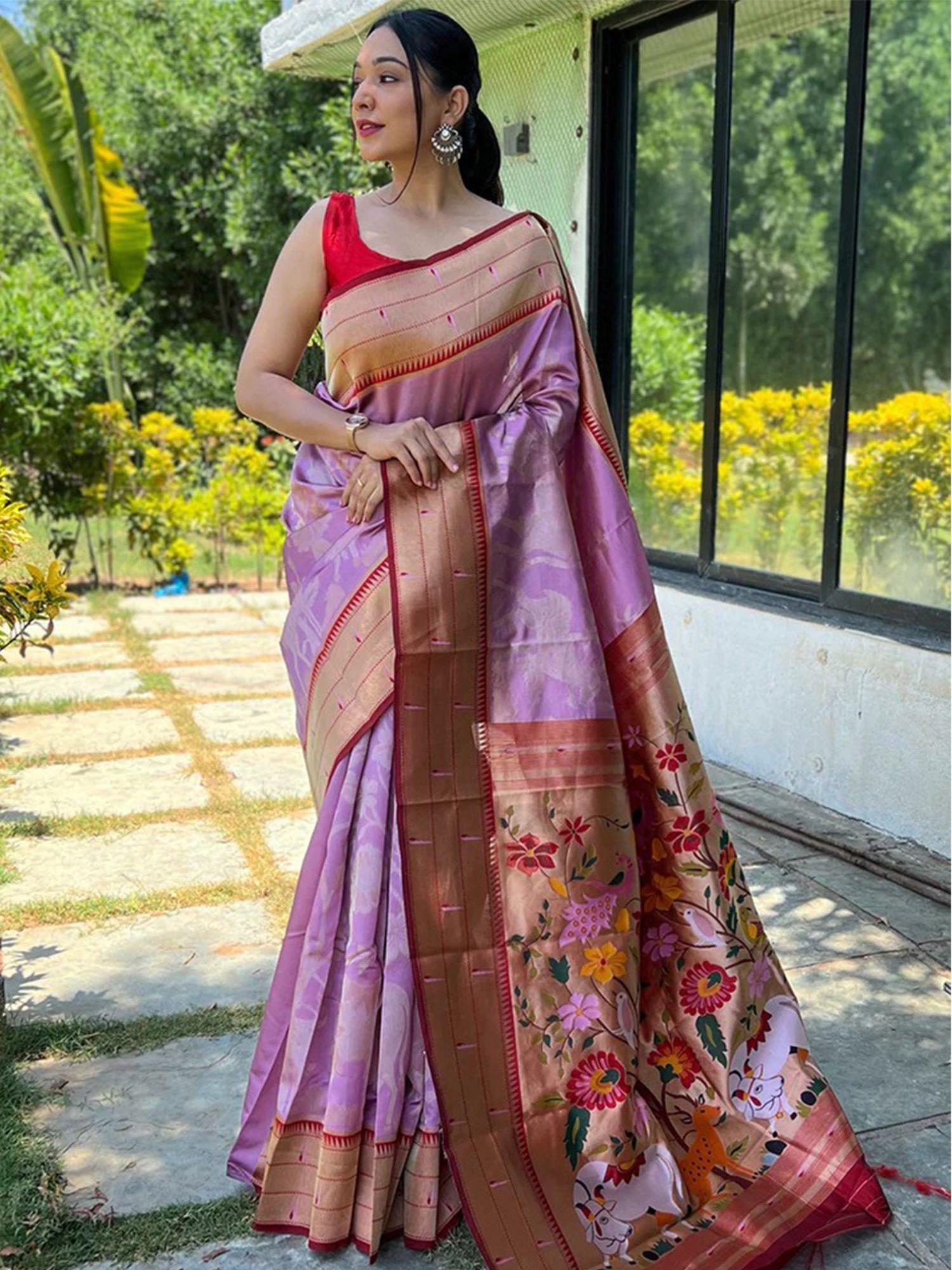 lavender colour pathani silk pichai woven saree with unstitched blouse