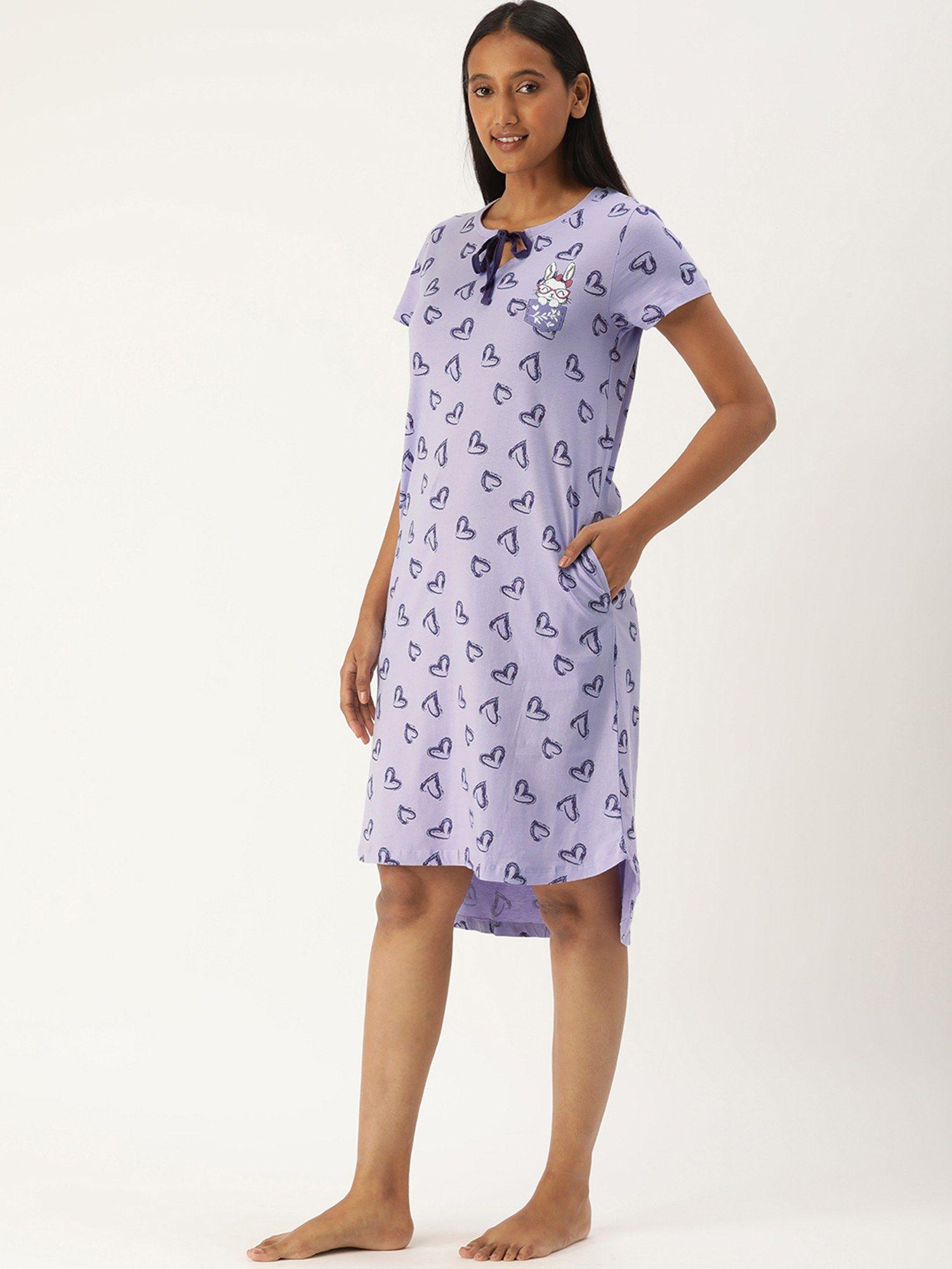 lavender conversational printed pure cotton nightdress