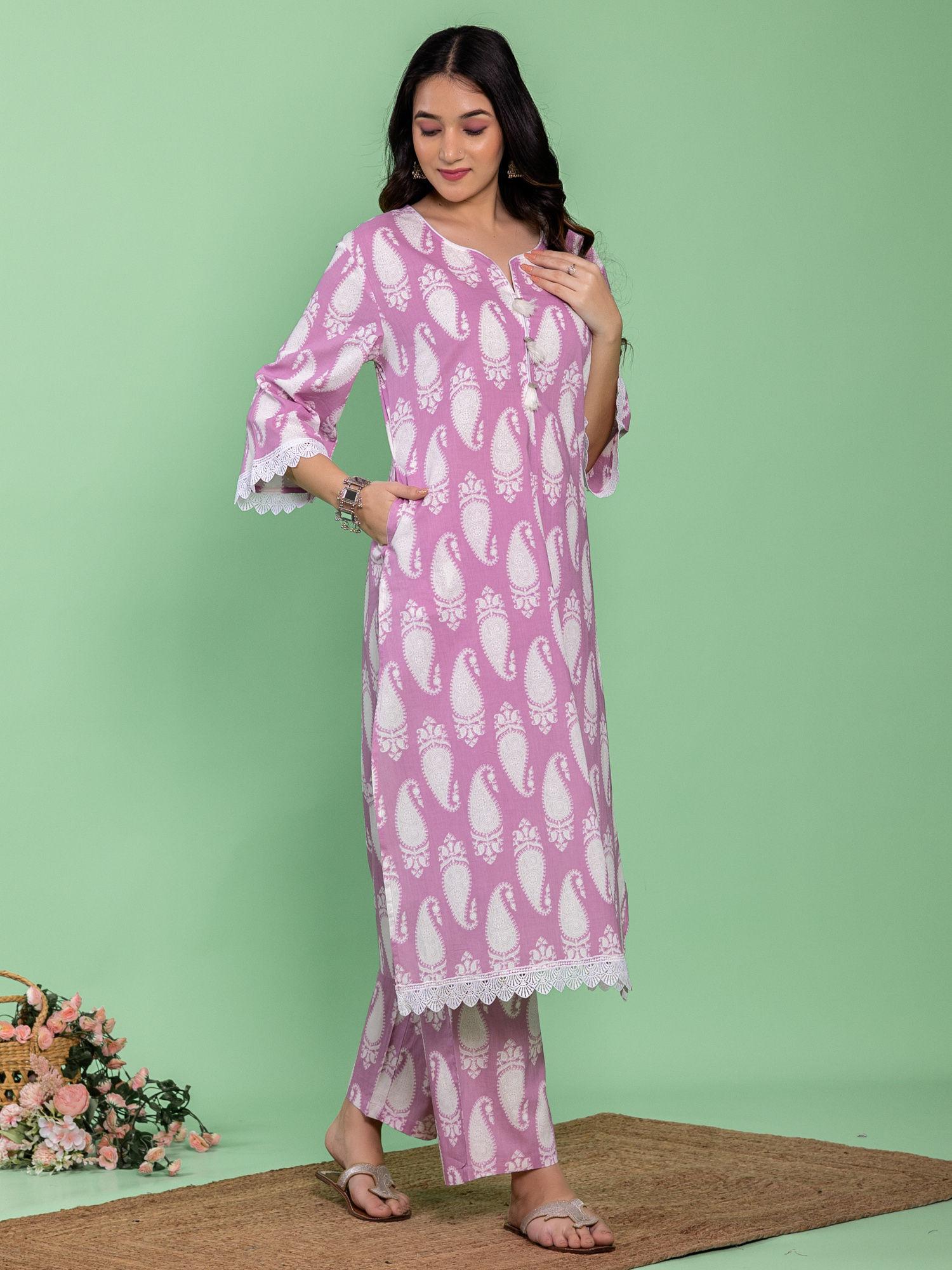 lavender cotton a-line printed kurta and pant (set of 2)