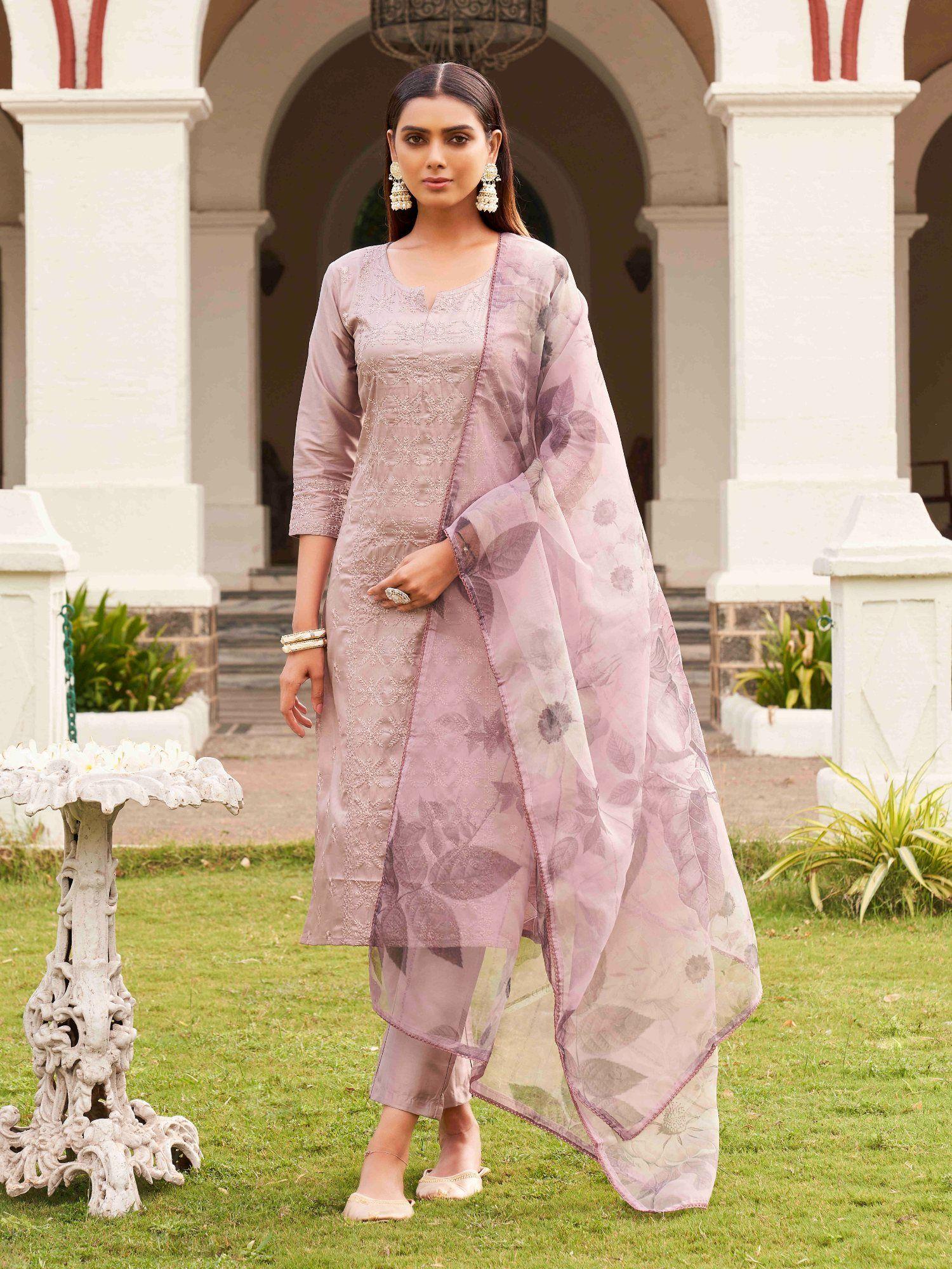 lavender cotton embroidery kurta with trouser & dupatta (set of 3)