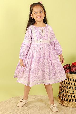 lavender cotton hand block printed dress for girls